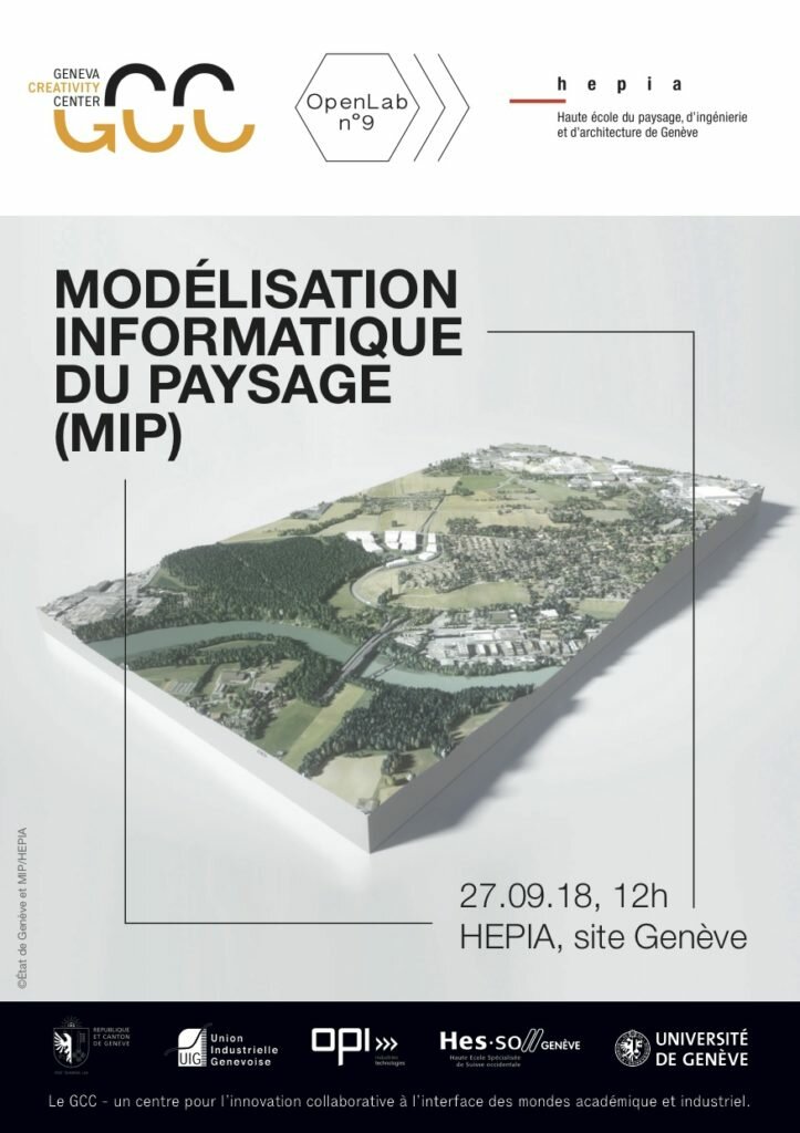 Flyer pour l'MIP, un event sur la modélisation informatique du paysage à l'hepia, Geneva Creativity Center, Academia & Industry Innovative Collaboration